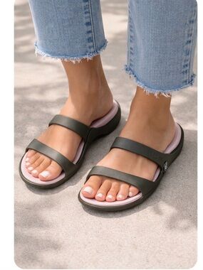 Crocs Women's Dual Strap Slide Sandals - Olive Green with Pink Footbed